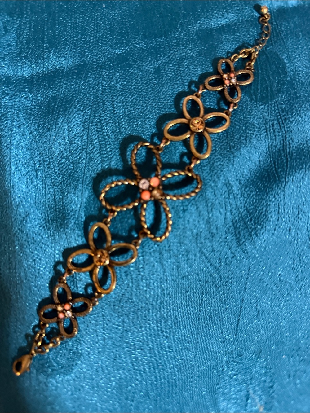 Gold Floral Link Bracelet with Pink Accent Stones